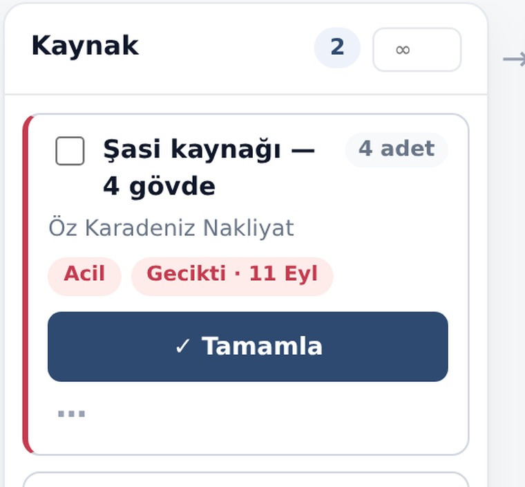 İş akışı panosundan Kaynak istasyonu: şasi kaynağı işi, 4 adet, müşterisi, acil ve 11 Eylül'de gecikti işaretleri, tamamla düğmesi.