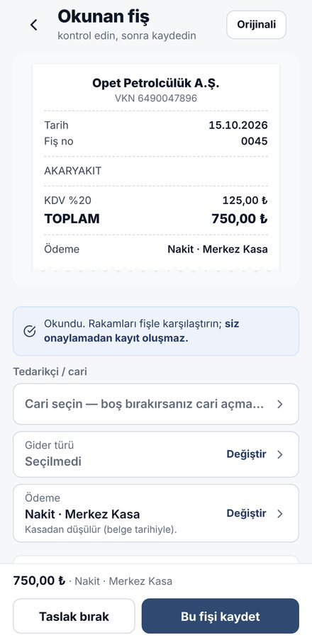 Telefon uygulamasında okunan fiş