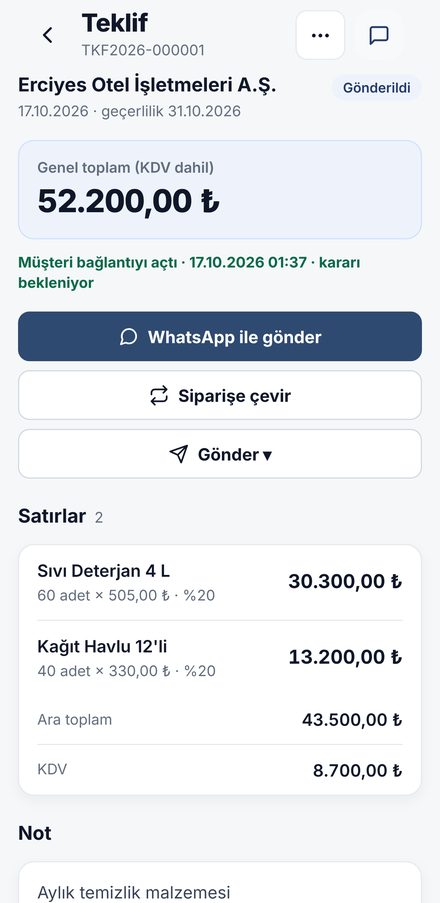 Telefon uygulamasında teklif kartı